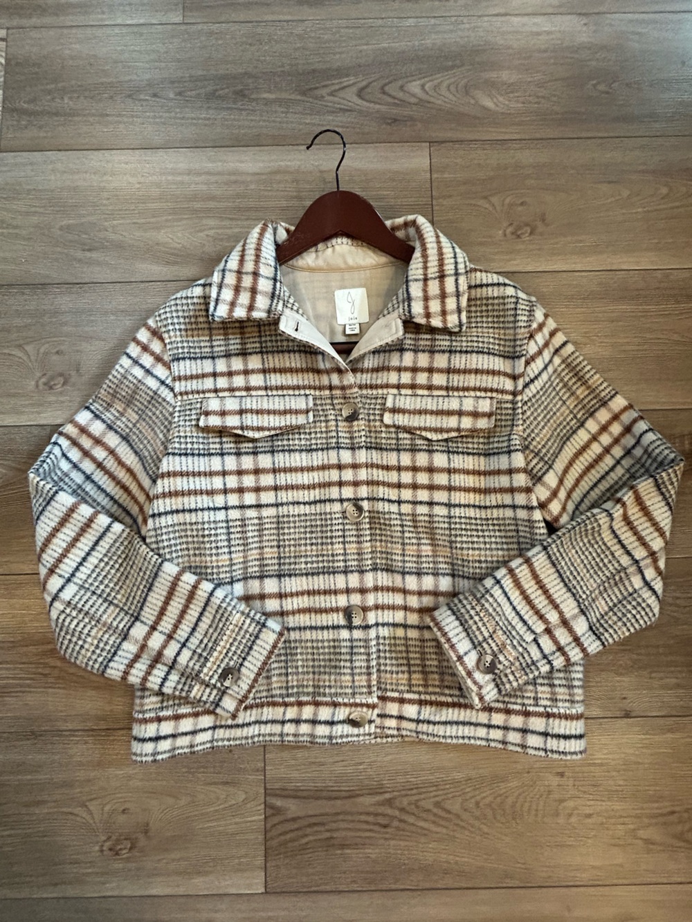 Joie Plaid Wool Blend Cropped Jacket Button Front Neutral M